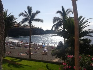 A beach with palm trees, umbrellas, and people.