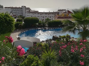 A pool surrounded by lush greenery and pink flowers, with a view of the sea and buildings in the background.