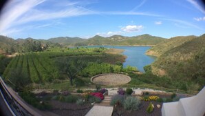 A panoramic view of a vineyard with a lake and hills in the background. - Luxurious villa with pool and idyllic lake landscape (Silves)
