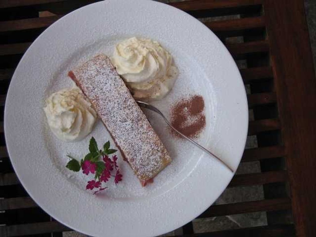 Un plato de postre con un pastel, crema batida y una pizca de azúcar glas, acompañado de una ramita de flores.