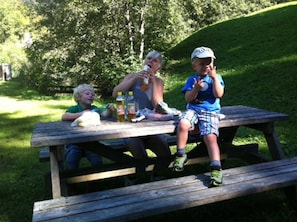 Drie kinderen aan een picknicktafel met eten en drinken.