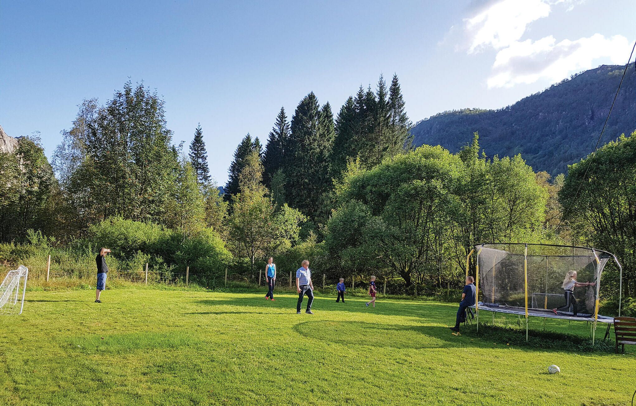 Ein grünes Feld mit einem Fußballtor, Bäumen und einem Berg im Hintergrund.