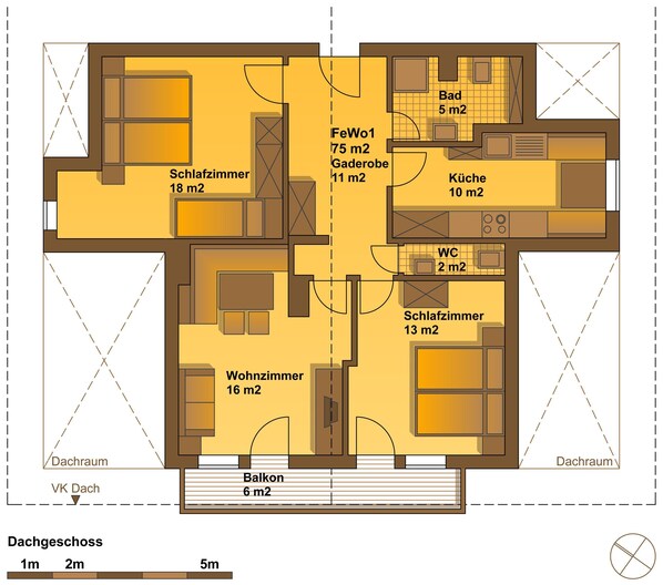 Plano de planta de un hotel que incluye sala de estar, dos dormitorios, un baño, cocina y balcón.