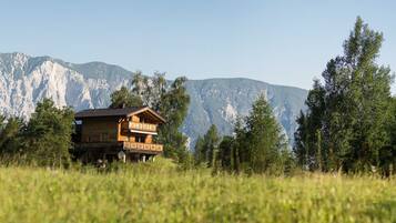 Eine Holzhütte mit Balkon, umgeben von hohen Bäumen und Bergen im Hintergrund.