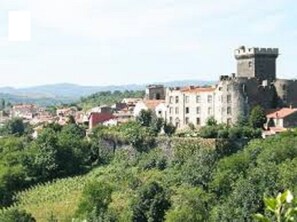 A historic castle with a tower, surrounded by lush greenery and traditional buildings.