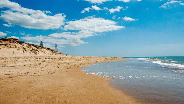 Een zandstrand met duinen en een helderblauwe lucht.
