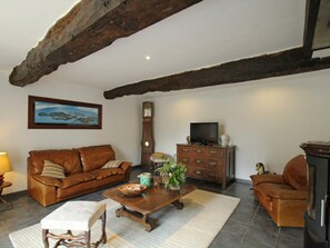 Een televisie, een open haard en een tafeltennistafel