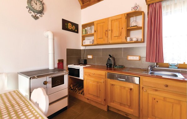 Fridge, stovetop, dishwasher, coffee/tea maker