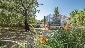 Un jardin avec un arbre, une échelle et une structure bleue.