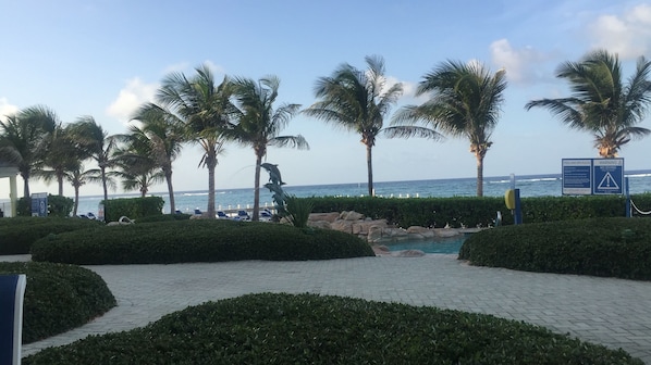 Una zona sulla spiaggia con palme, una piscina e una torretta per i bagnini.