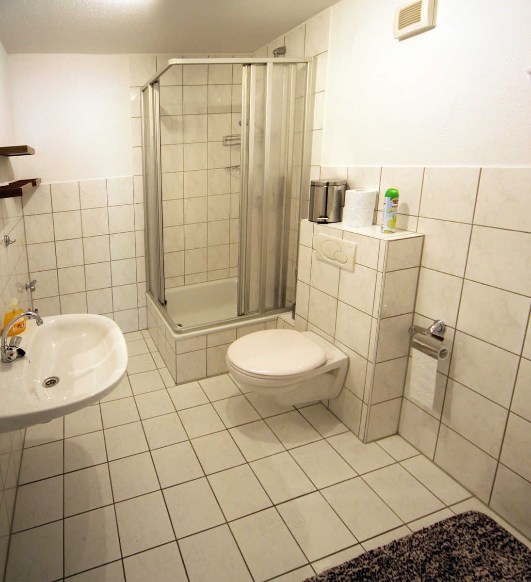 Ein Badezimmer mit Waschbecken, Toilette und Dusche.