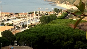 A marina with boats, a beach, and buildings on a hillside.