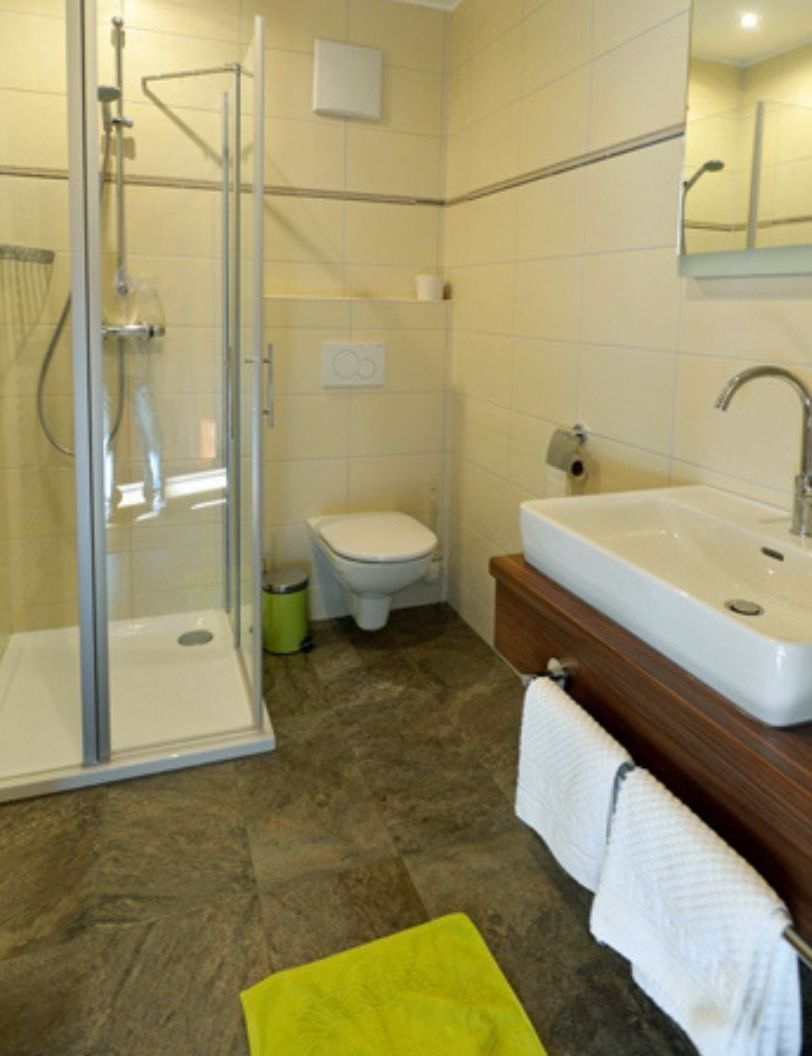 Un bany amb dutxa tancada amb vidre, vàter i un lavabo amb mirall a la part superior.