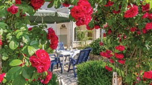 Un patio al aire libre con una mesa y sillas, rodeado de rosales rojos exuberantes y follaje verde.