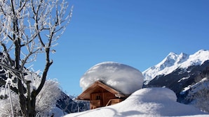 Una cabaña de madera rodeada de árboles y montañas cubiertas de nieve.
