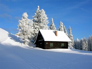 En hytte med snebelagt tag, omgivet af snedækkede træer og en klar blå himmel.