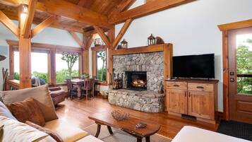 Smart TV, fireplace, DVD player, video library