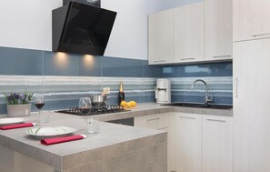 Fridge, stovetop, coffee/tea maker