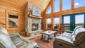 Télévision, cheminée, lecteur de DVD, livres