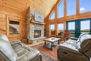 Télévision, cheminée, lecteur de DVD, livres