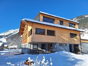 Une maison moderne à deux étages, dotée d’une façade en bois, de grandes fenêtres et surplombant un paysage montagneux enneigé.