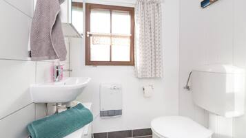 A bathroom with a white sink, a toilet, and a window with patterned curtains.