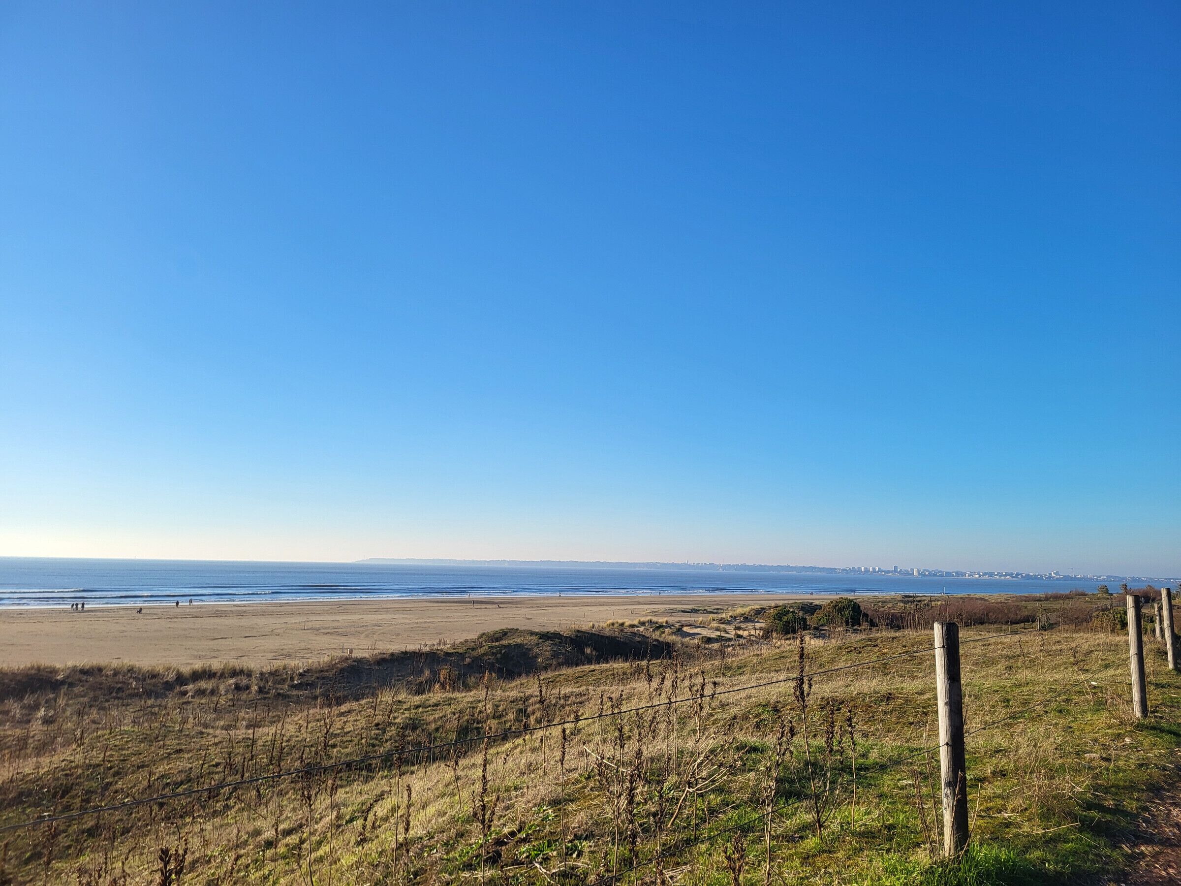 A coastal landscape with a clear sky, a sandy beach, and a distant city skyline.