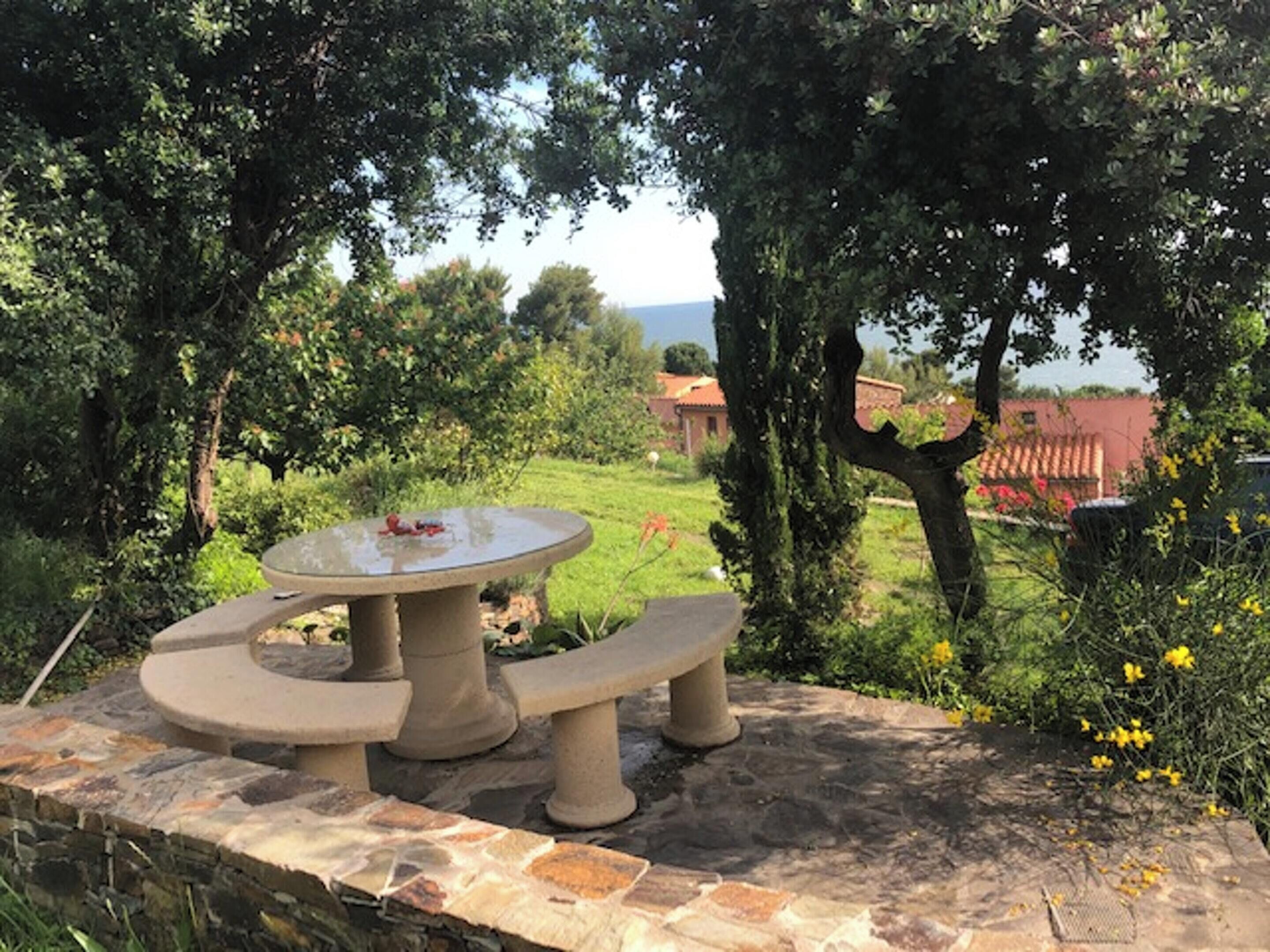 Una mesa de piedra para picnic con bancos, rodeada de vegetación y con vista a una casa al fondo.