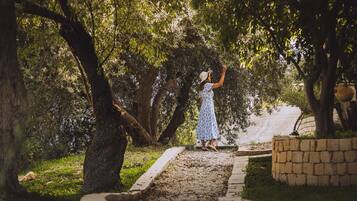 A woman in a white dress standing on a stone pathway surrounded by trees.