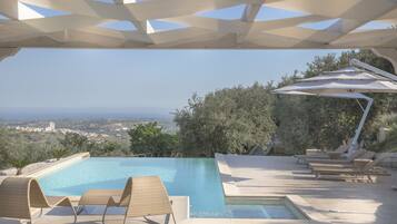 Een buitenzwembad, parasols voor strand/zwembad