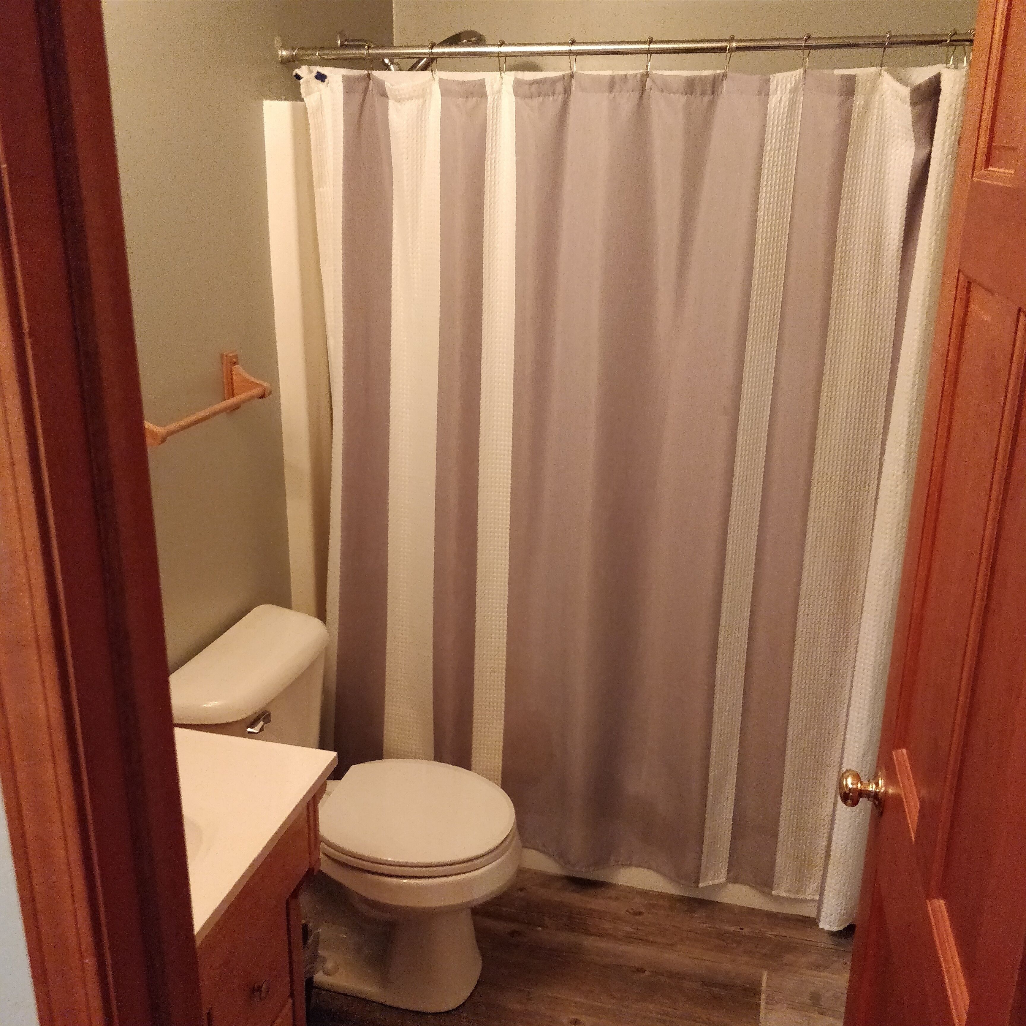 A bathroom with a toilet, a shower curtain, and a wooden floor.
