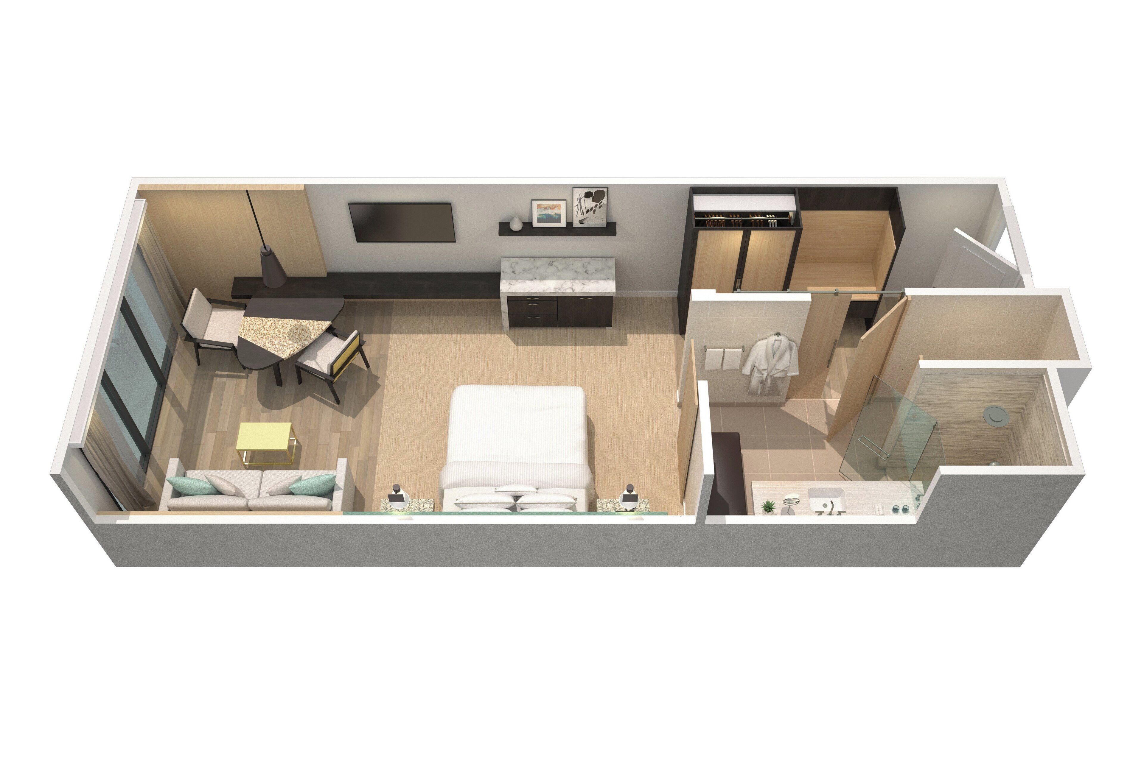 Ein modernes Apartment mit Wohnbereich, Essbereich, Küchenzeile und Schlafzimmer.