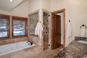 Combined shower/bathtub, jetted bath, hair dryer, towels