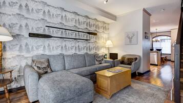 Smart TV, fireplace, books