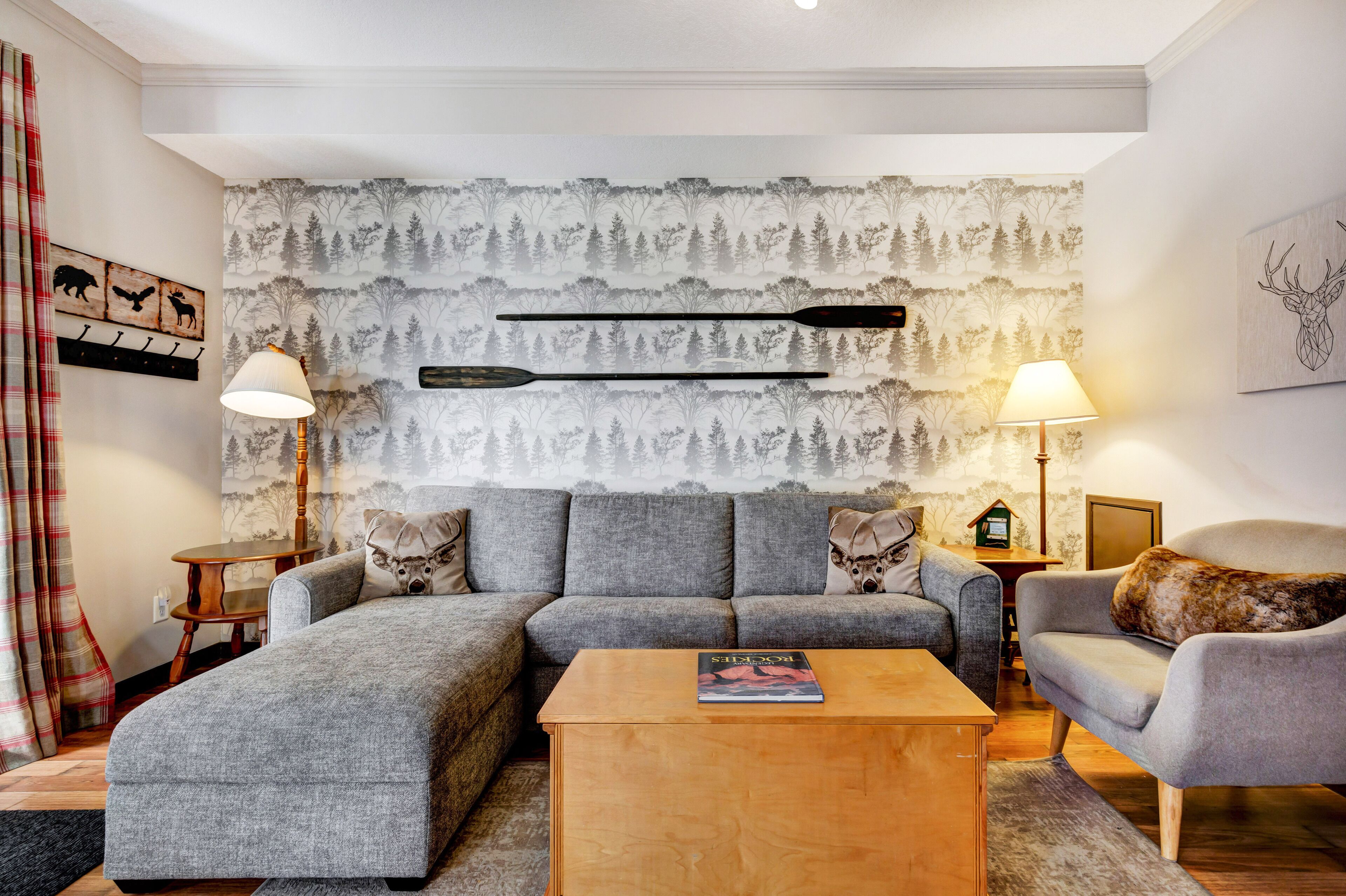 Smart-tv, eldstad och böcker