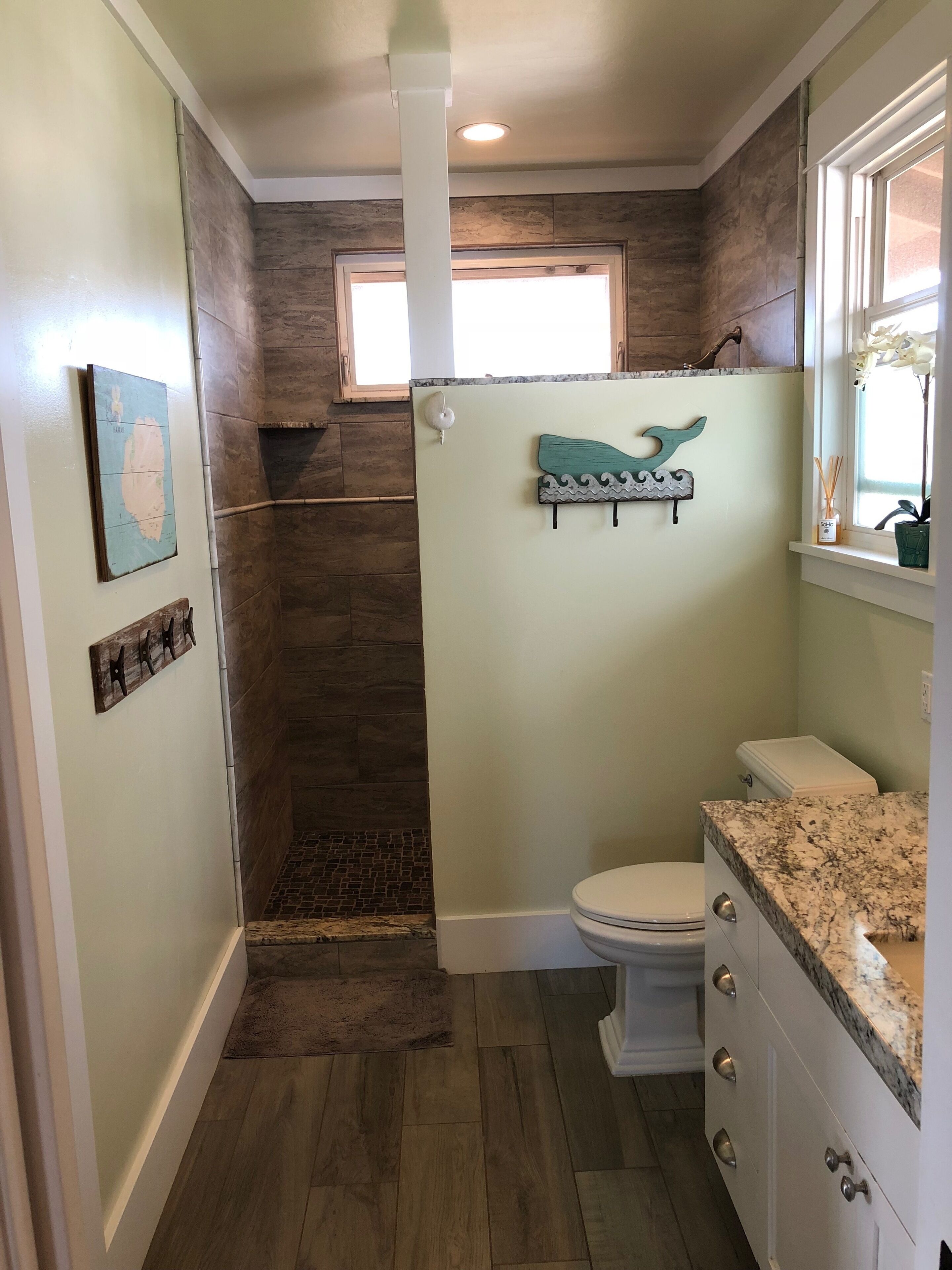 A bathroom with a shower, toilet, and vanity.