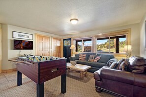 Smart TV, fireplace, video games, DVD player