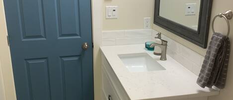 A bathroom with a blue door, white vanity, a mirror, a toilet, and a shower area.