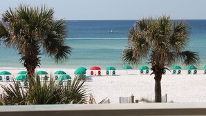 A beach with palm trees, a row of beach chairs and umbrellas, and a boat in the water.