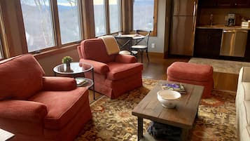 Smart TV, fireplace, DVD player, books
