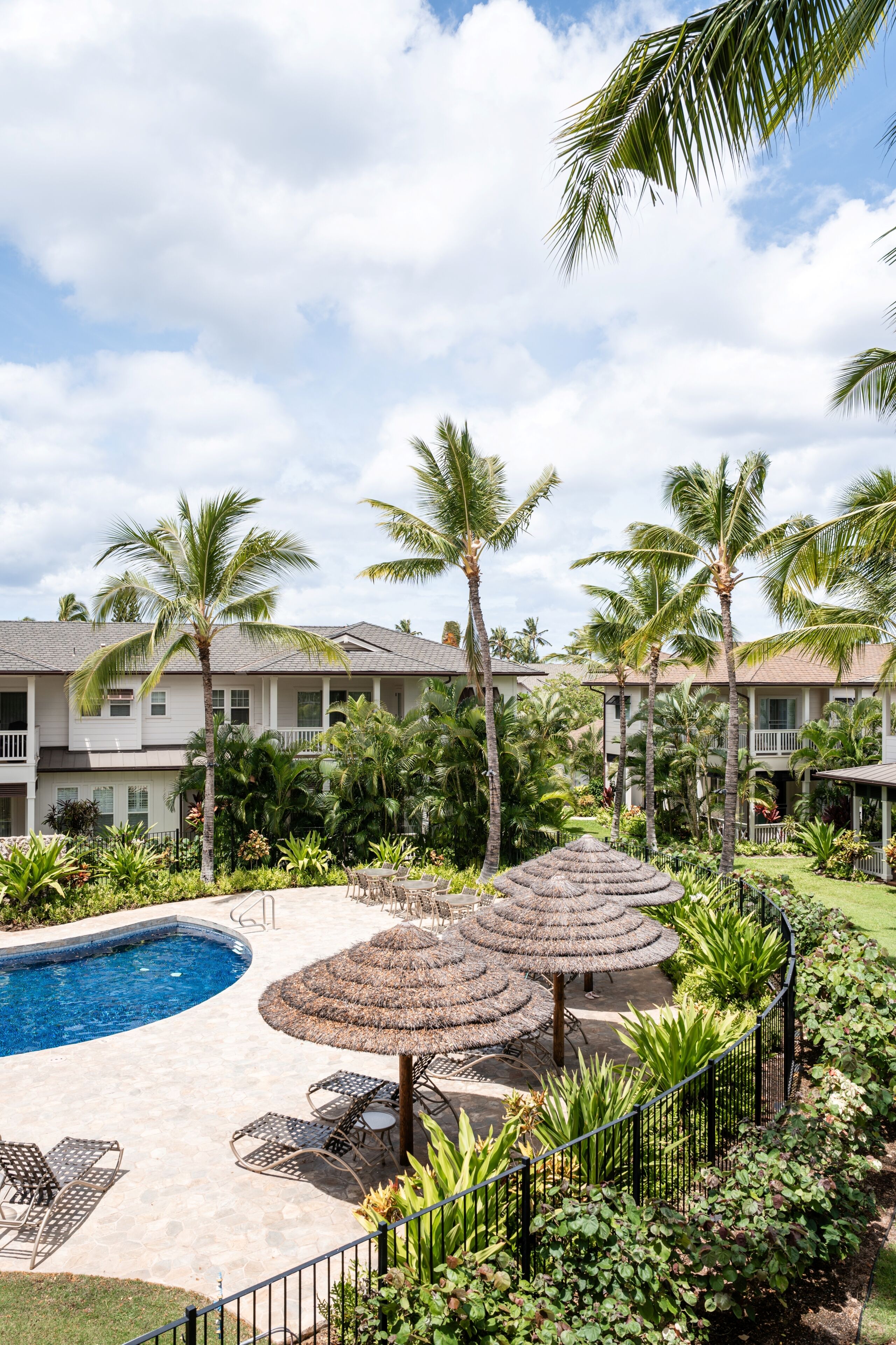 A resort with a swimming pool, lounge chairs, and palm trees.