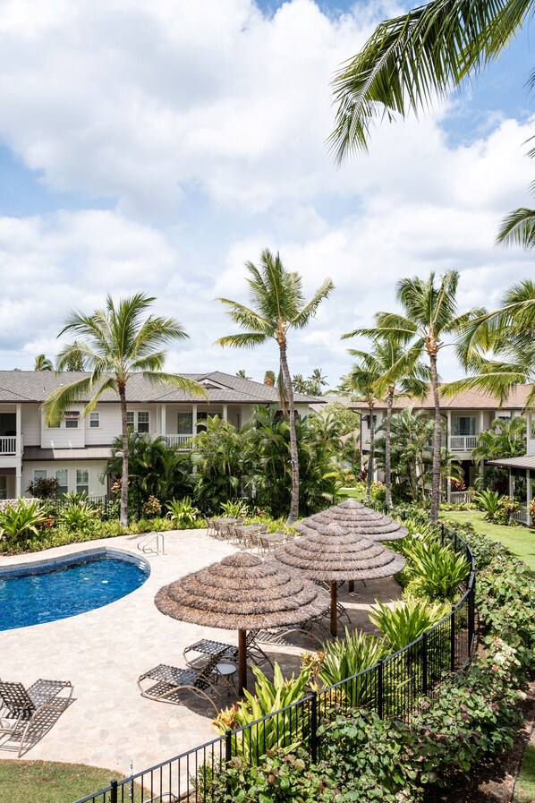 Un resort con piscina, sillas de descanso y palmeras.