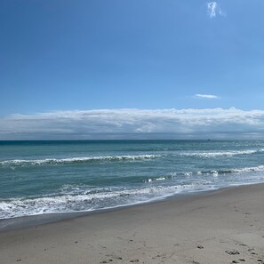Ein Strand mit blauem Himmel und ruhiger See.