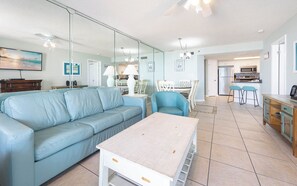 Flat-screen TV, fireplace, DVD player, stereo
