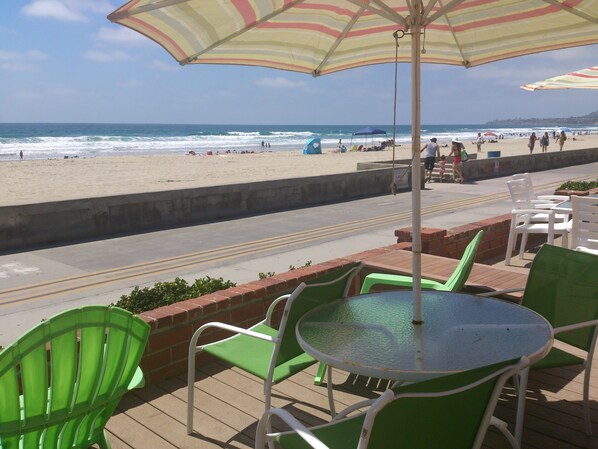 Outdoor dining - Studio #2 Fully Equipped with Boardwalk Patio Access - Oceanfront!  (San Diego)