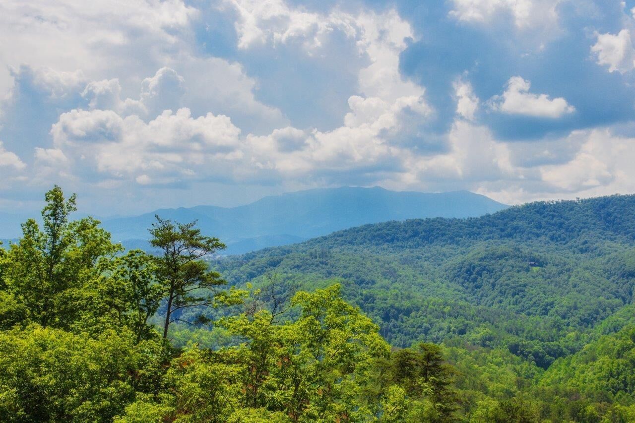A mountainous landscape with dense green foliage and a clear sky.