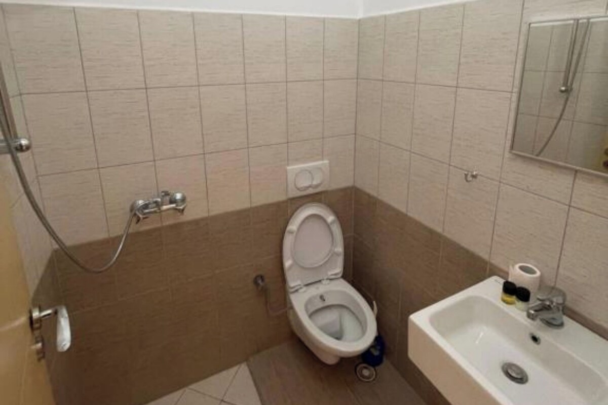 A small bathroom with a toilet, a sink, and a shower.