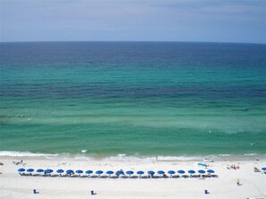 On the beach, sun loungers