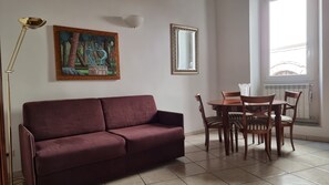 Smart TV, fireplace, books, stereo