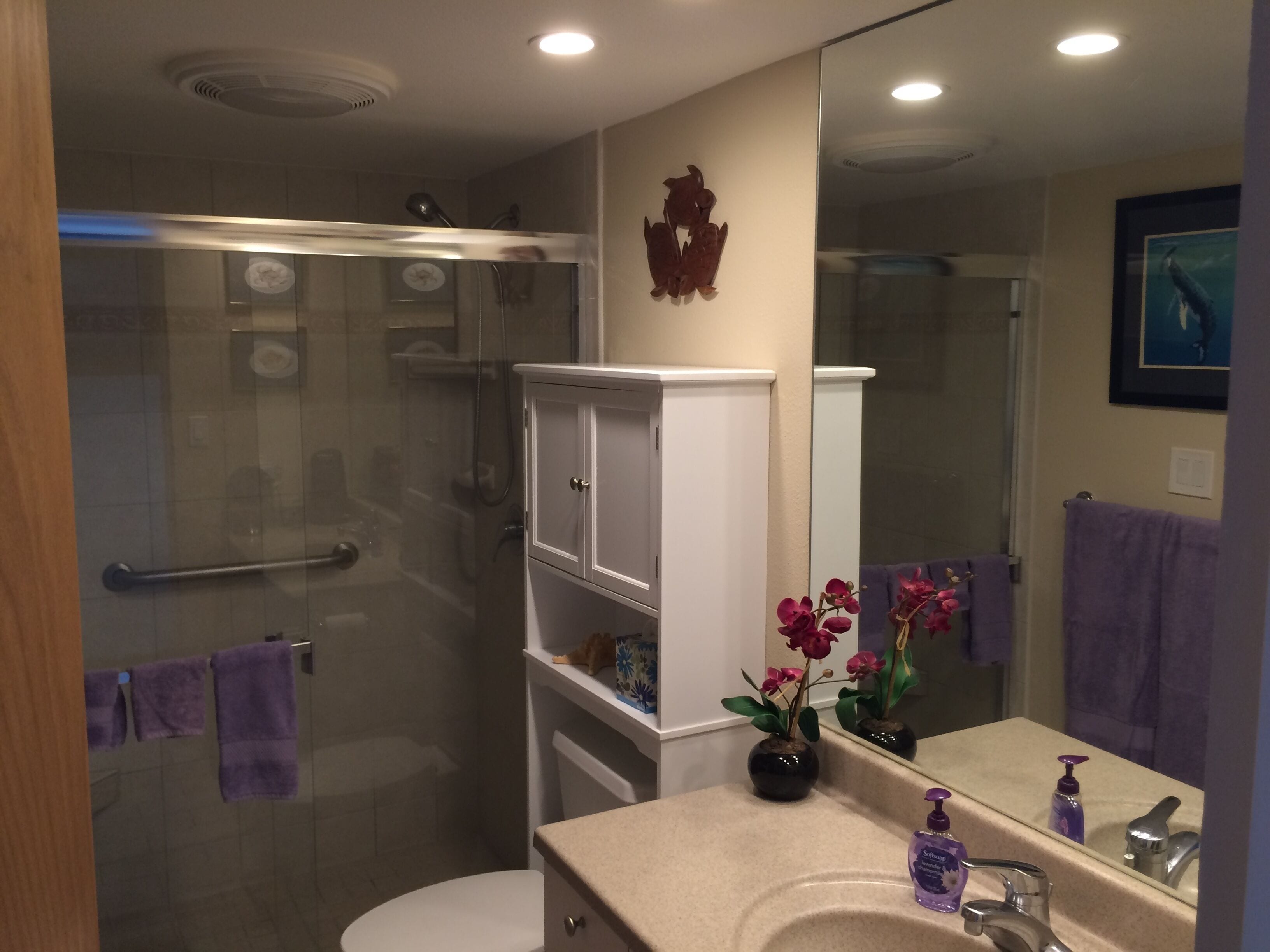 Une salle de bain avec une douche à parois de verre, un meuble-lavabo blanc, un lavabo avec un miroir et des serviettes violettes.